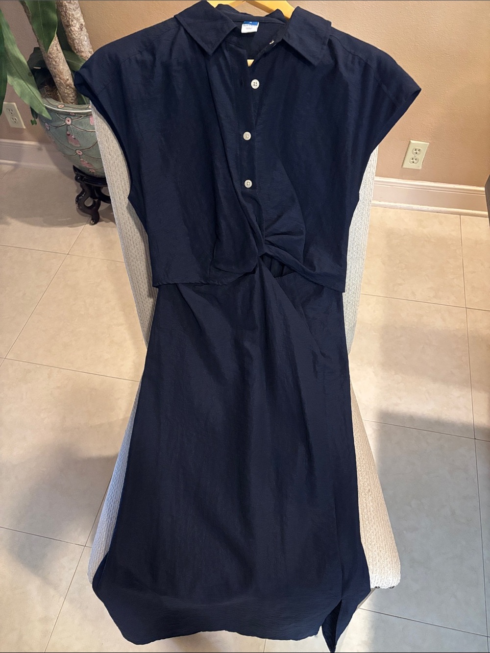 Old Navy Navy Button-Front Midi Dress with Knot Waist